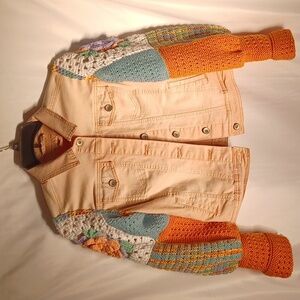 Upcycled Peach Granny Square Crochet Sleeve Denim Jacket, Sz S, 19" PTP, 20"L
